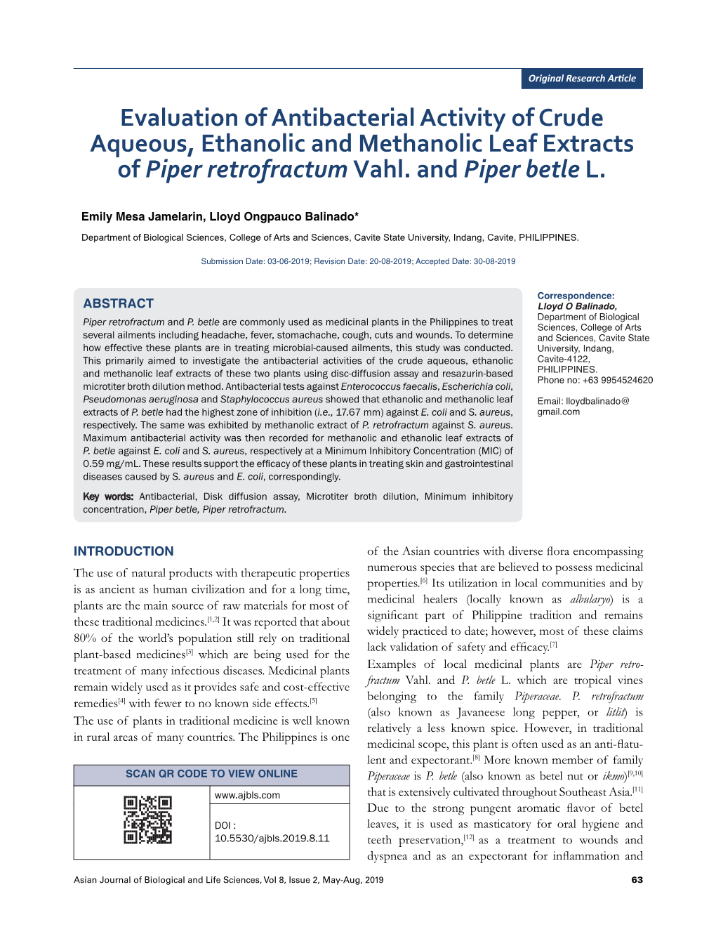 Evaluation of Antibacterial Activity of Crude Aqueous, Ethanolic and Methanolic Leaf Extracts of Piper Retrofractum Vahl