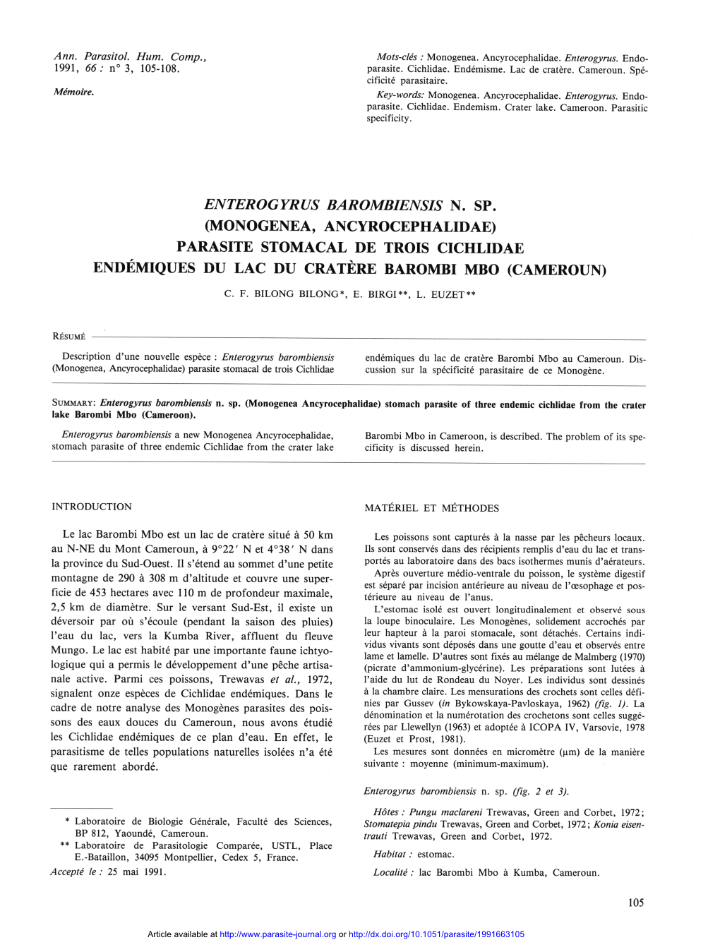 Enterogyrus Barombiensis N. Sp. (Monogenea, Ancyrocephalidae) Parasite Stomacal De Trois Cichlidae Endémiques Du Lac Du Cratère Barombi Mbo (Cameroun) C