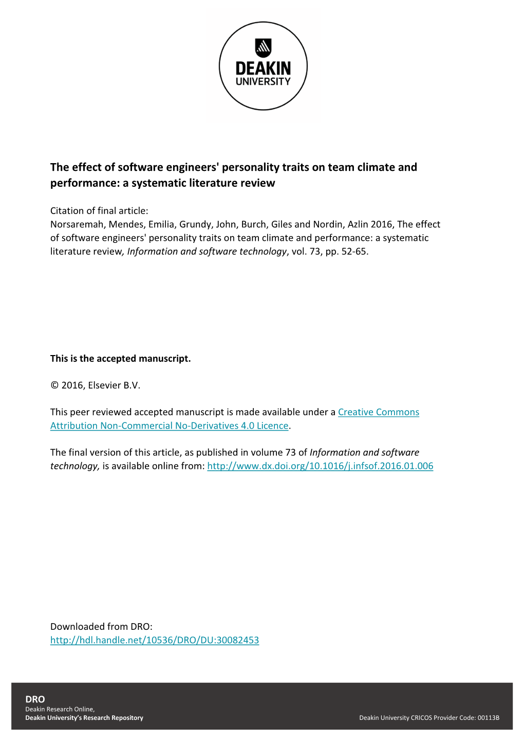 The Effect of Software Engineers' Personality Traits on Team Climate and Performance: a Systematic Literature Review