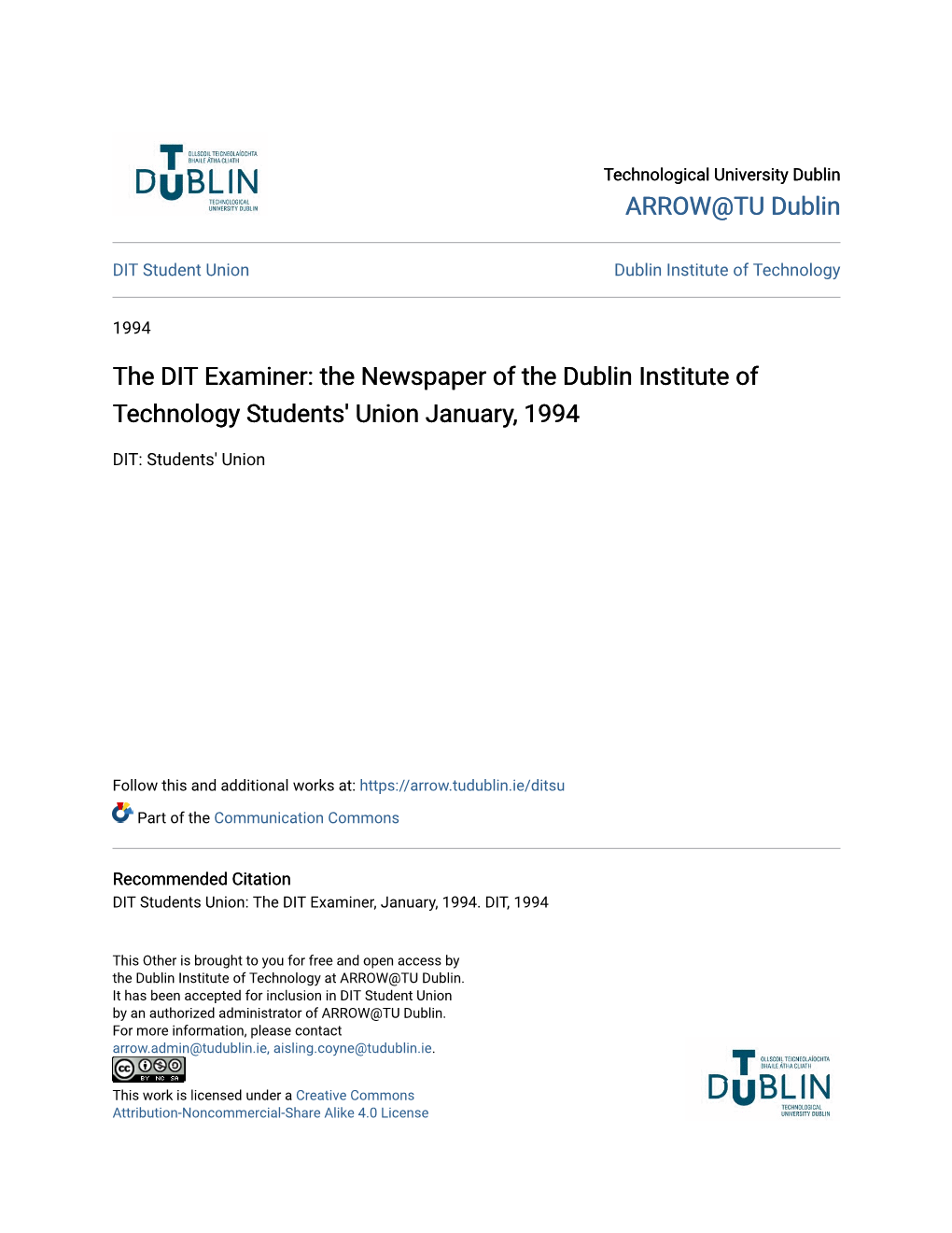 The DIT Examiner: the Newspaper of the Dublin Institute of Technology Students' Union January, 1994