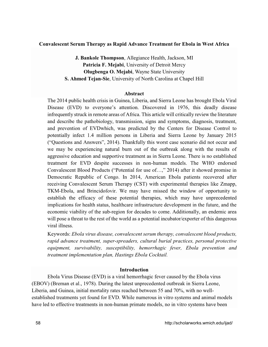 Convalescent Serum Therapy As Rapid Advance Treatment for Ebola in West Africa