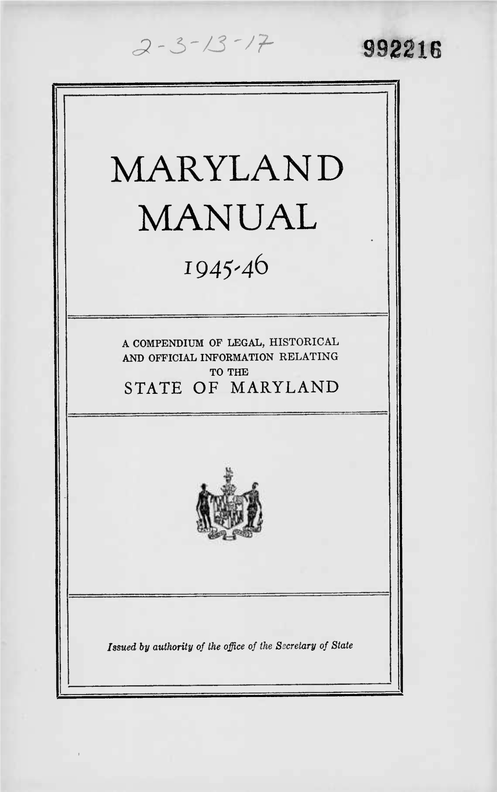 £-3-13''?- 992216 Maryland Manual 1945-46 A