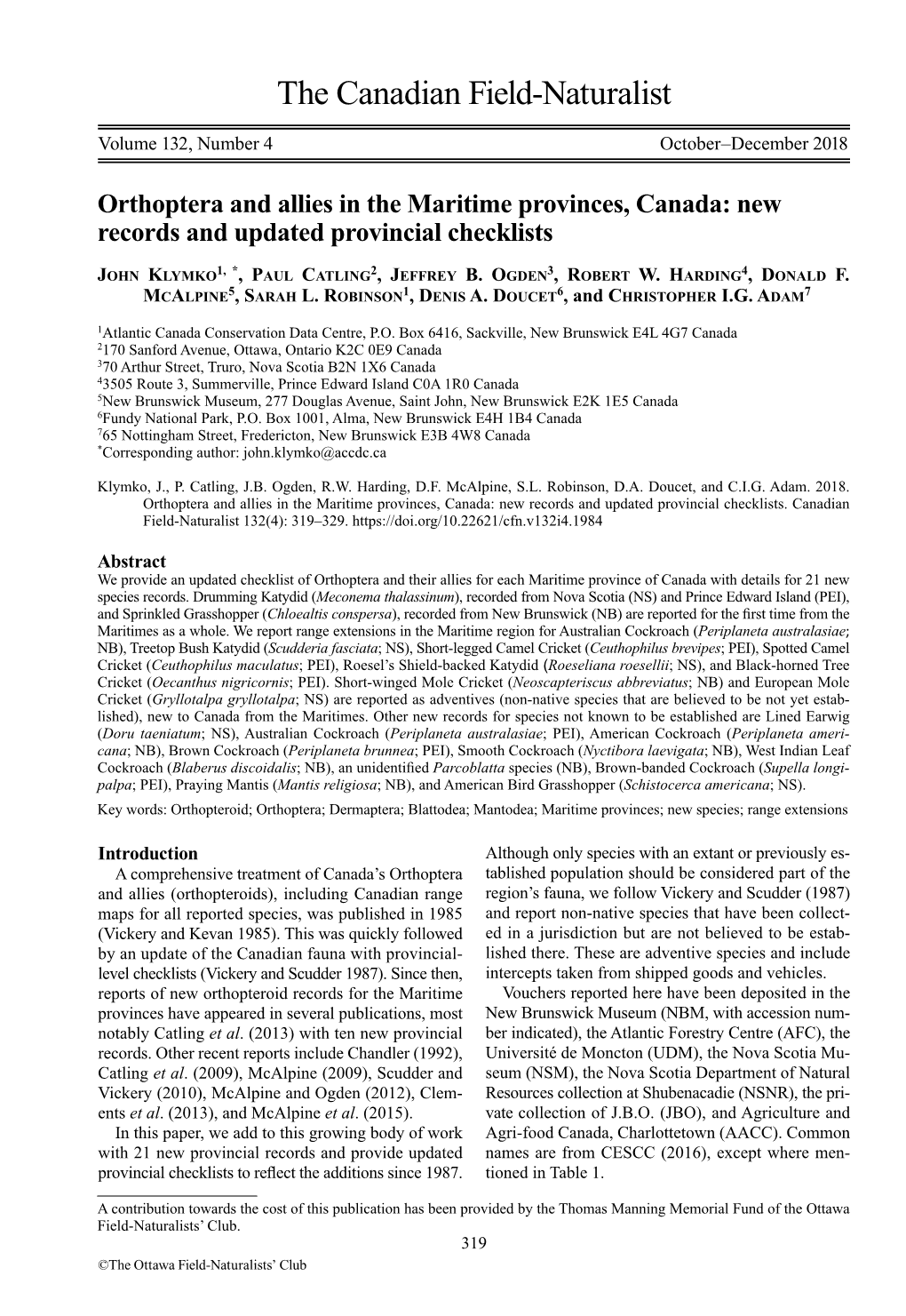 Orthoptera and Allies in the Maritime Provinces, Canada: New Records and Updated Provincial Checklists