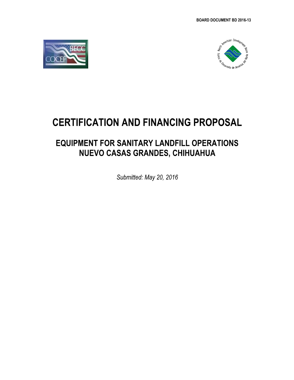 Certification and Financing Proposal Equipment for Sanitary Landfill