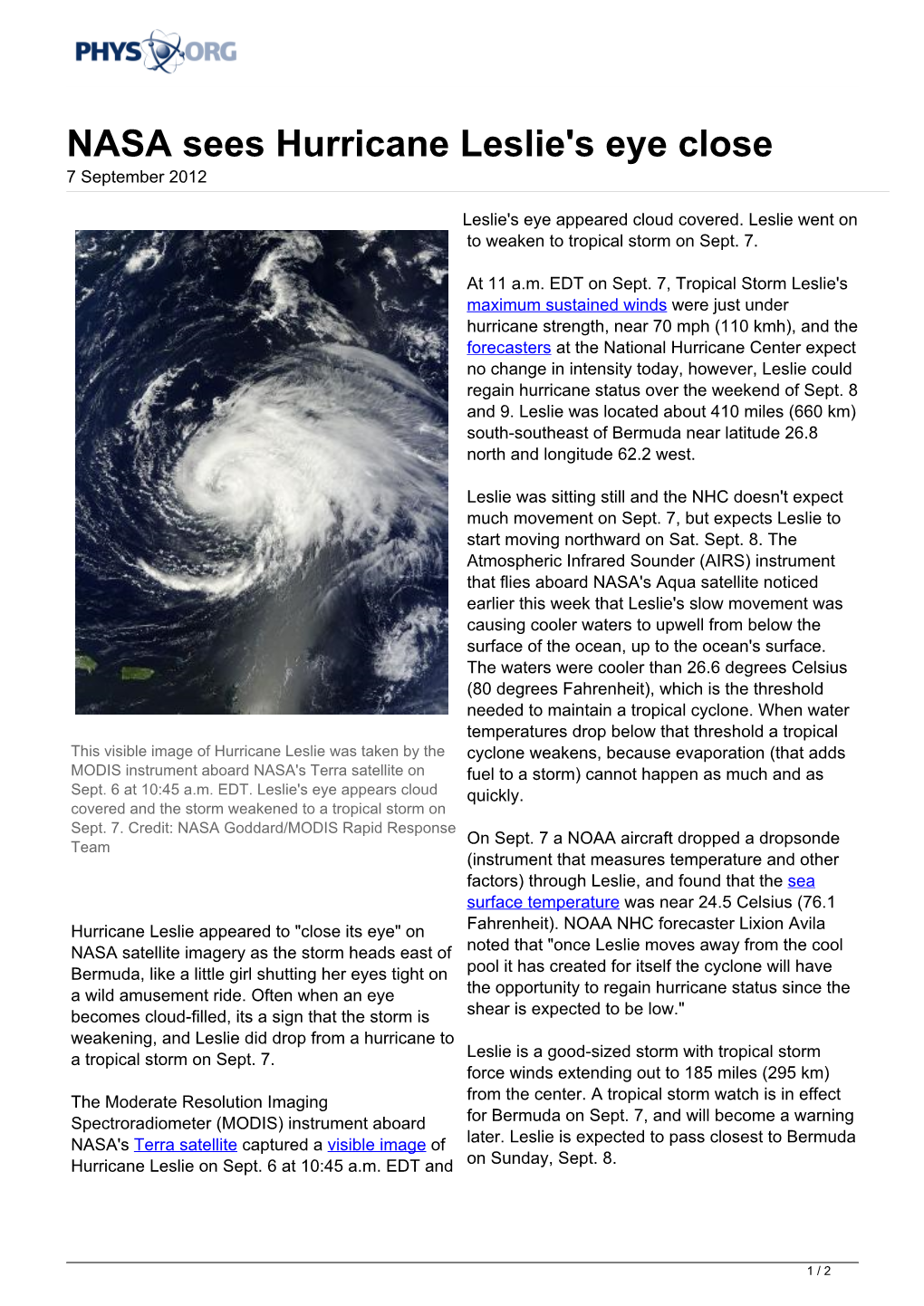 NASA Sees Hurricane Leslie's Eye Close 7 September 2012