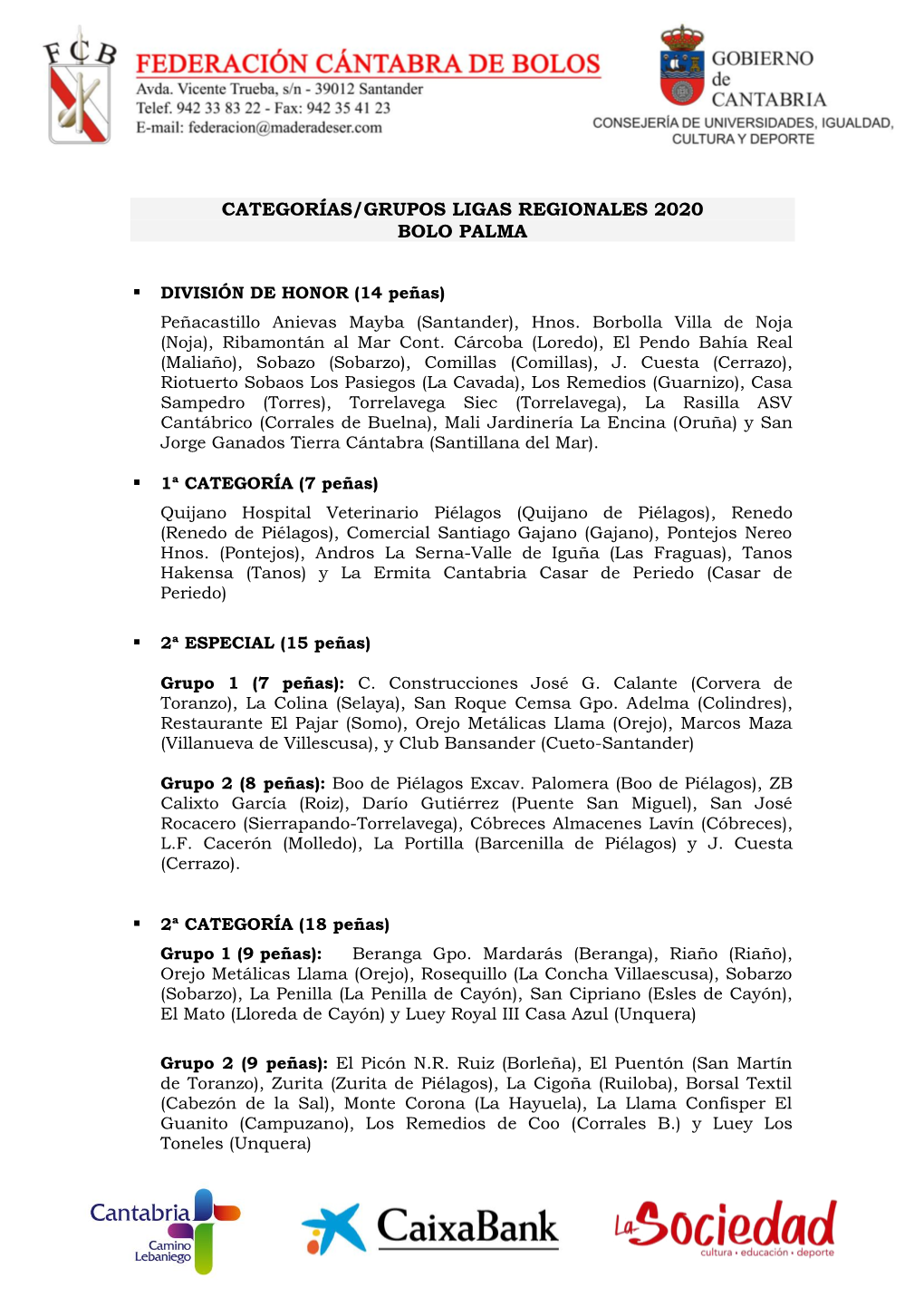 Categorías/Grupos Ligas Regionales 2020 Bolo Palma
