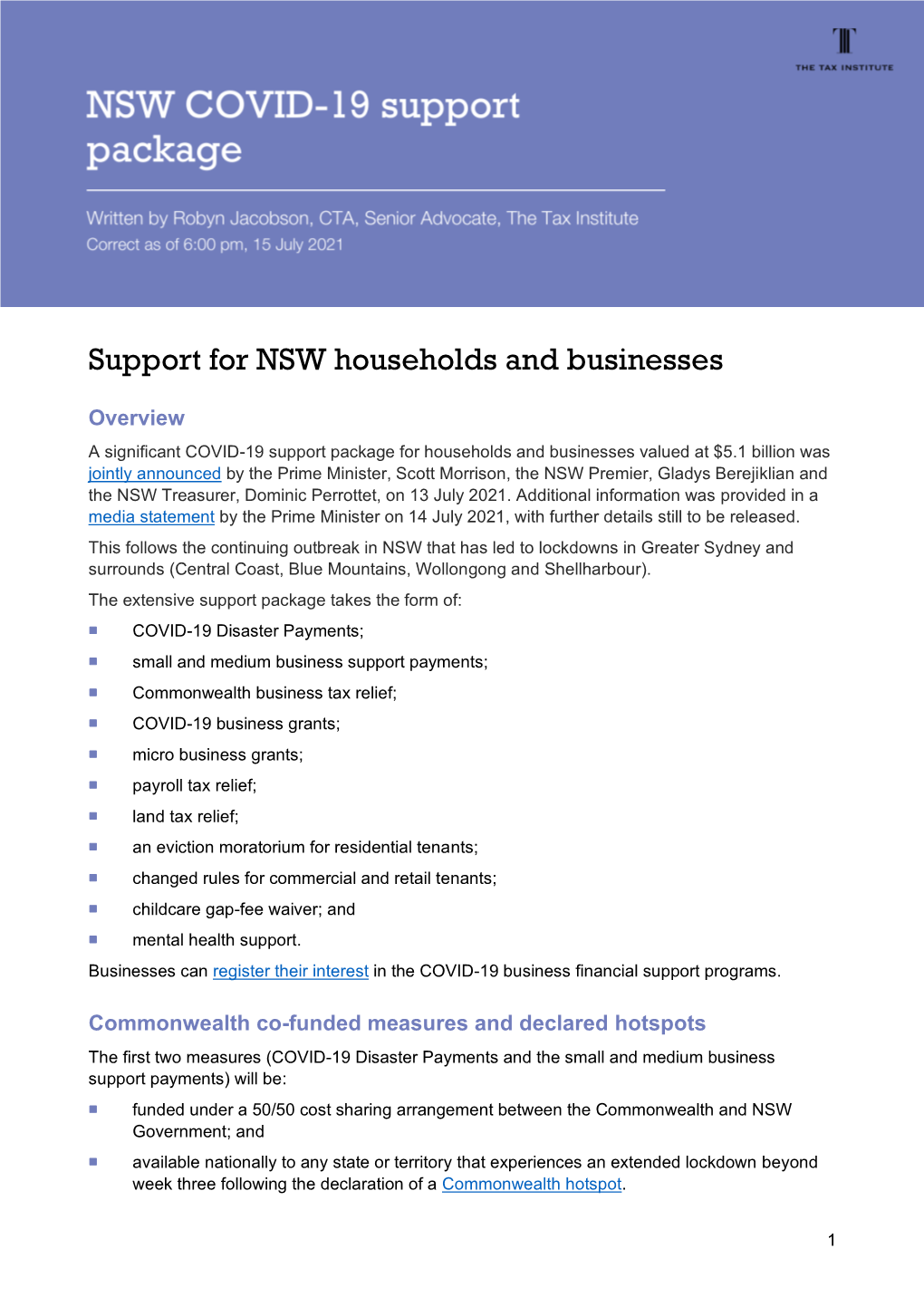 Support for NSW Households and Businesses