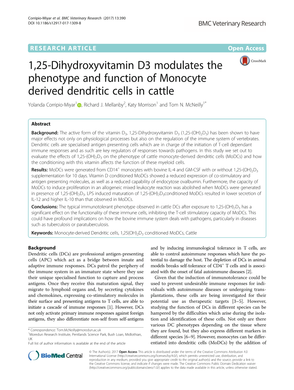 1,25-Dihydroxyvitamin D3 Modulates the Phenotype and Function of Monocyte Derived Dendritic Cells in Cattle Yolanda Corripio-Miyar1 , Richard J