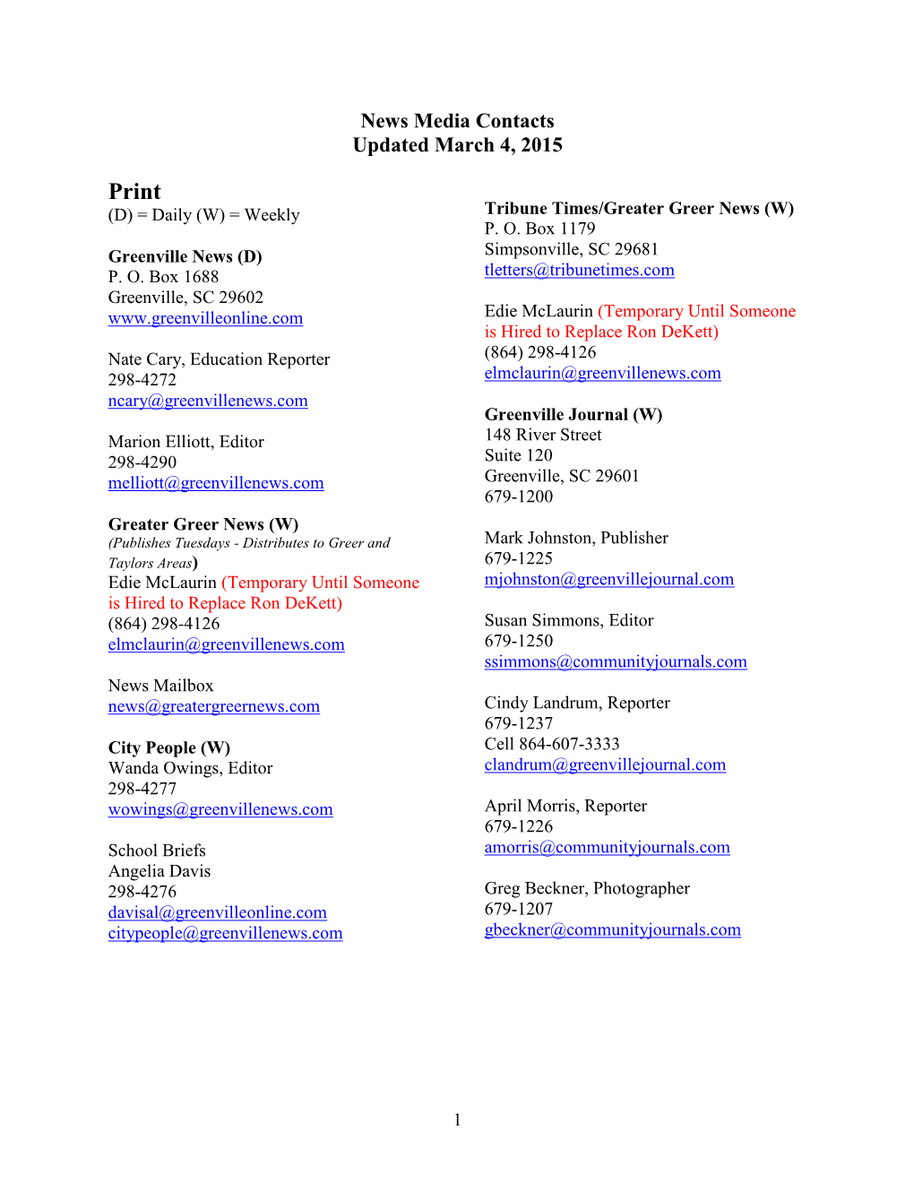 News Media Contacts Updated March 4, 2015