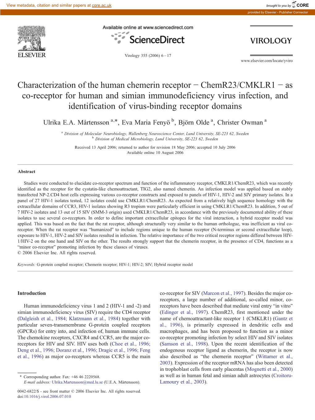 Characterization of the Human Chemerin Receptor − Chemr23