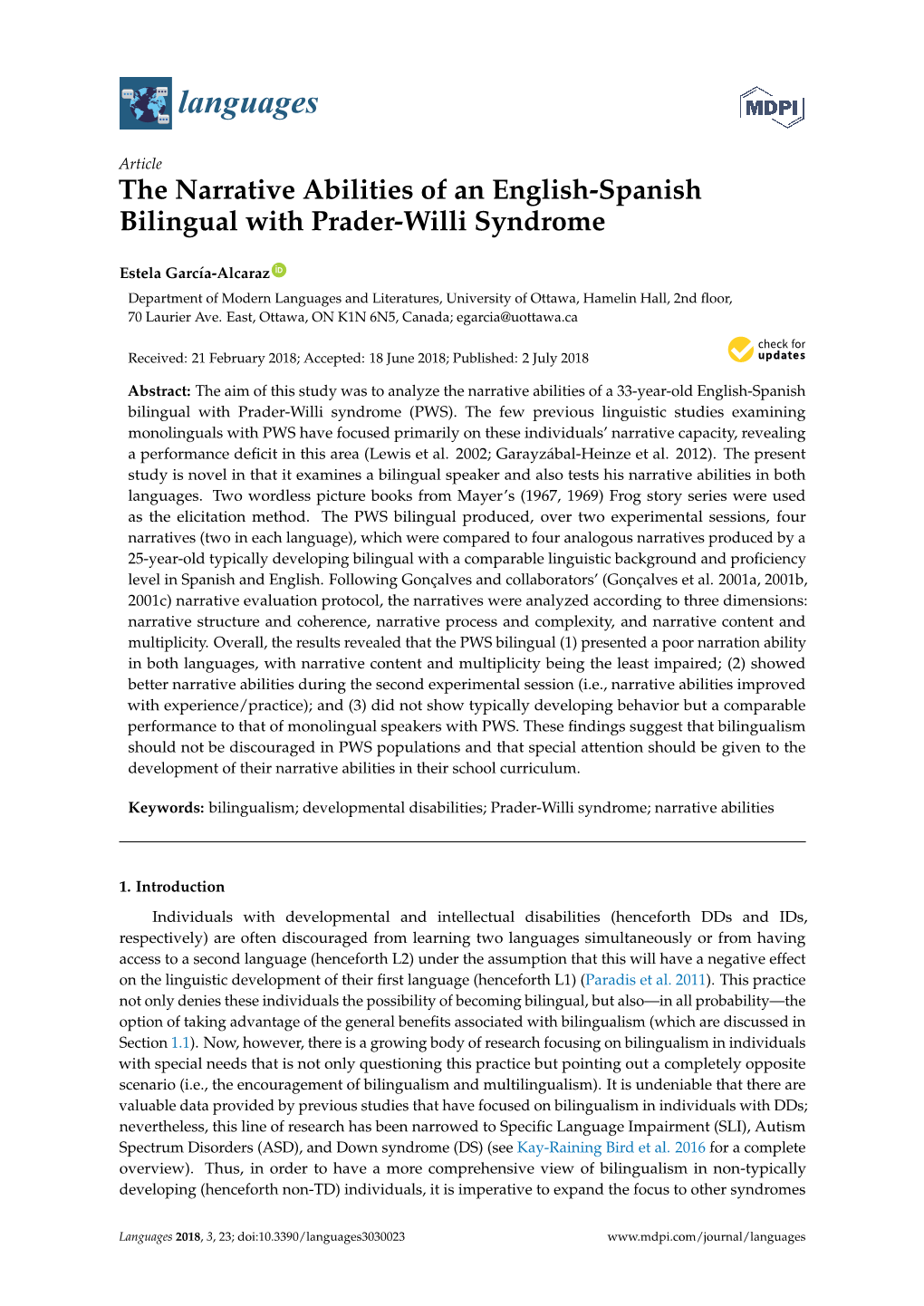 The Narrative Abilities of an English-Spanish Bilingual with Prader-Willi Syndrome