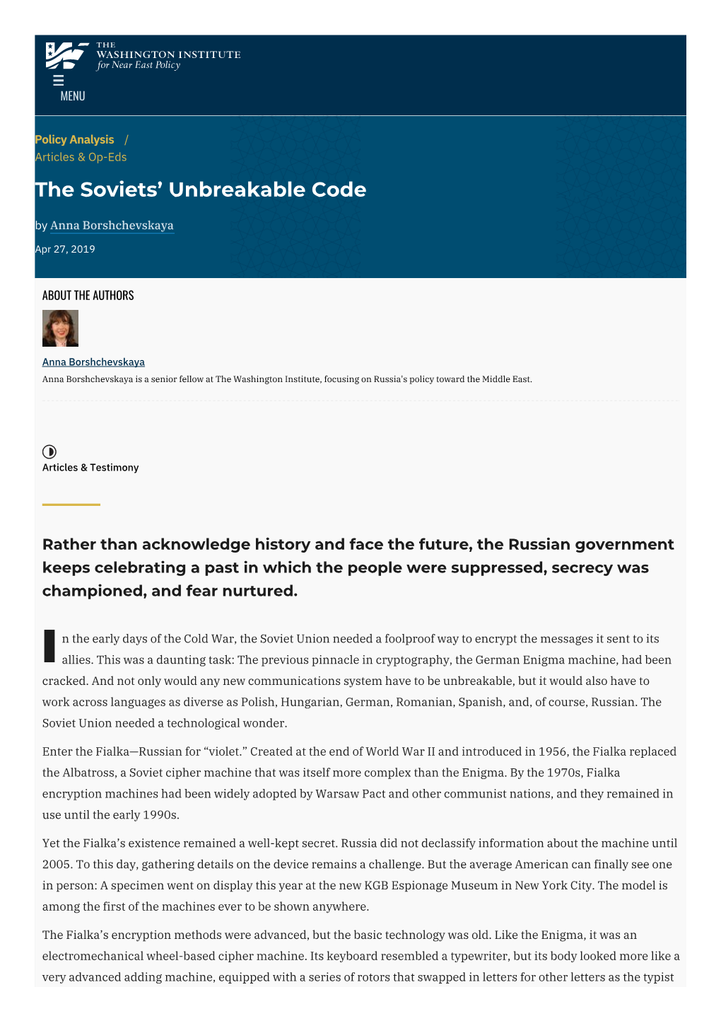 The Soviets' Unbreakable Code | the Washington Institute