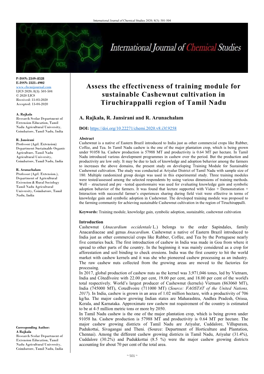 Assess the Effectiveness of Training Module for Sustainable Cashewnut Cultivation in Tiruchirappalli Region of Tamil Nadu