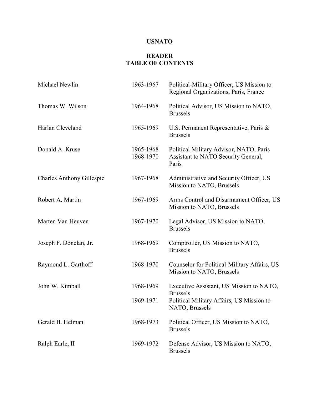 USNATO READER TABLE of CONTENTS Michael Newlin 1963