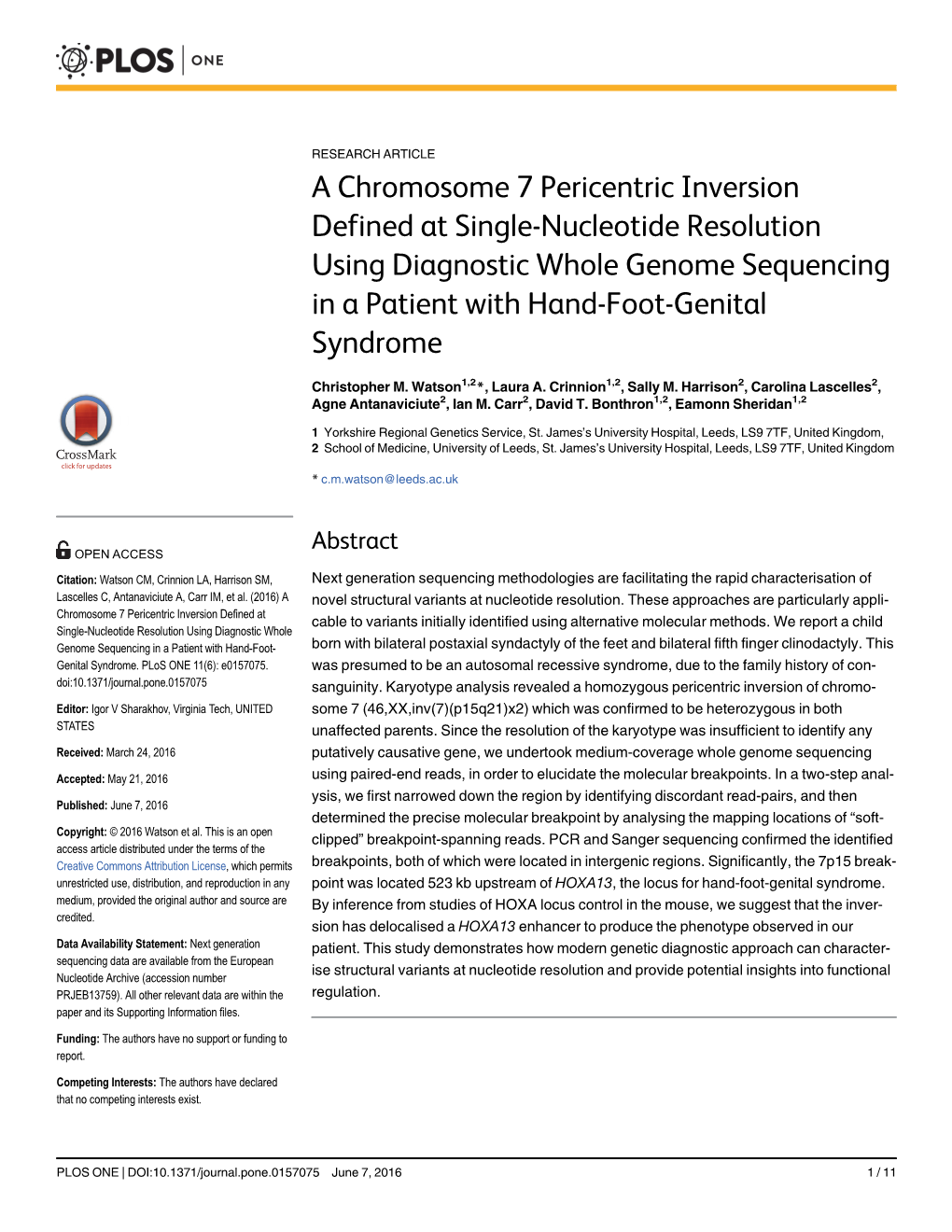 A Chromosome 7 Pericentric Inversion Defined at Single-Nucleotide Resolution Using Diagnostic Whole Genome Sequencing in a Patient with Hand-Foot-Genital Syndrome