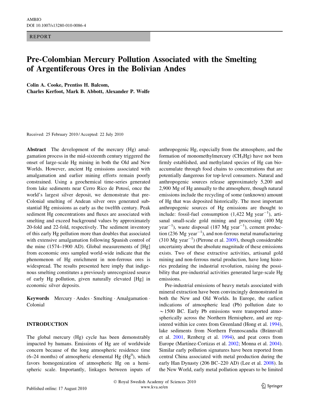 Pre-Colombian Mercury Pollution Associated with the Smelting of Argentiferous Ores in the Bolivian Andes