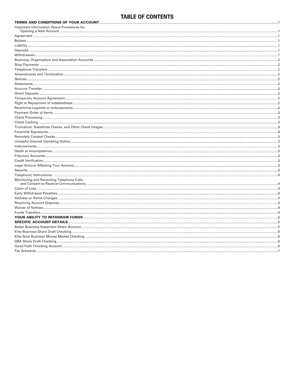 Table of Contents Terms and Conditions of Your Account