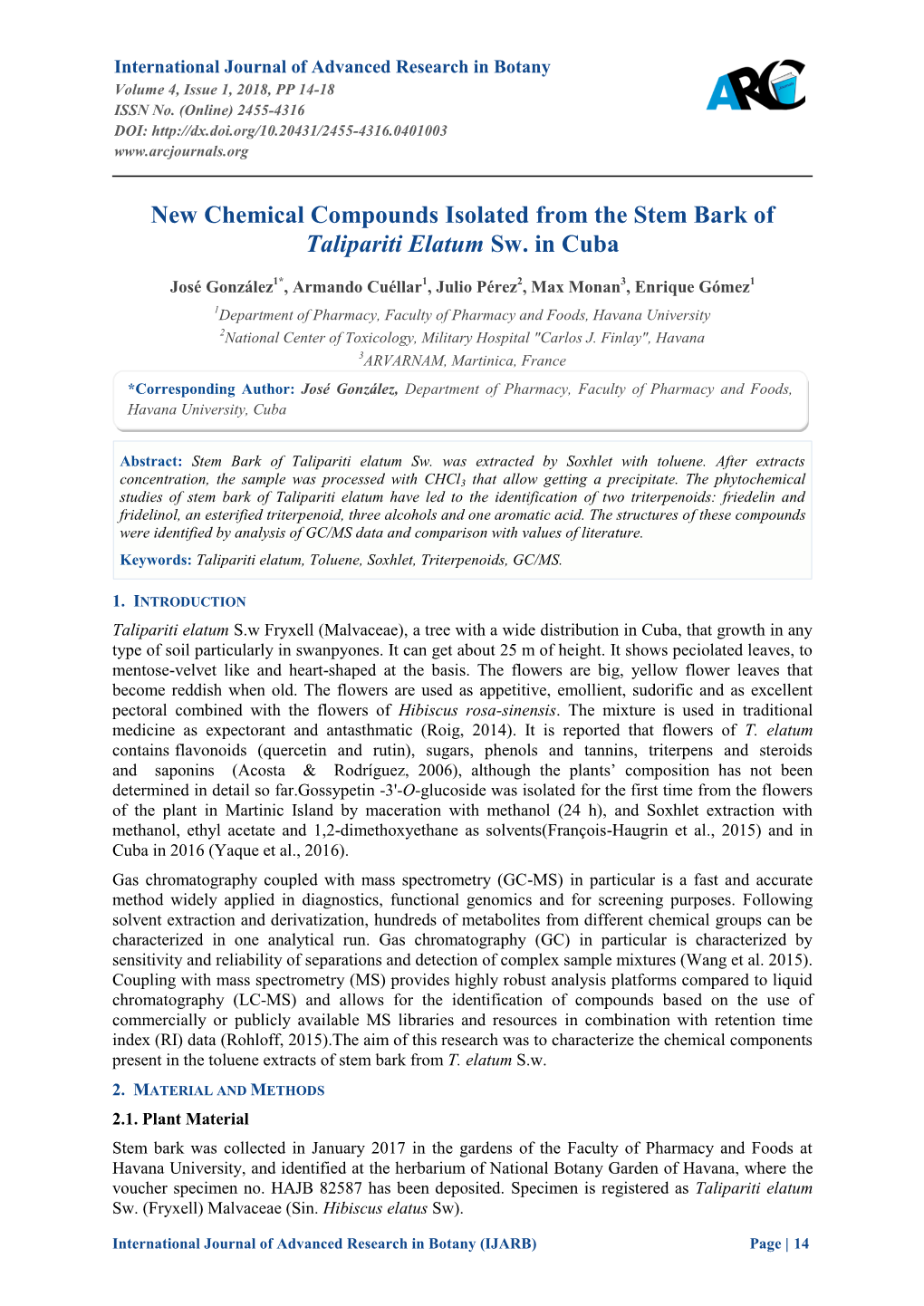 New Chemical Compounds Isolated from the Stem Bark of Talipariti Elatum Sw