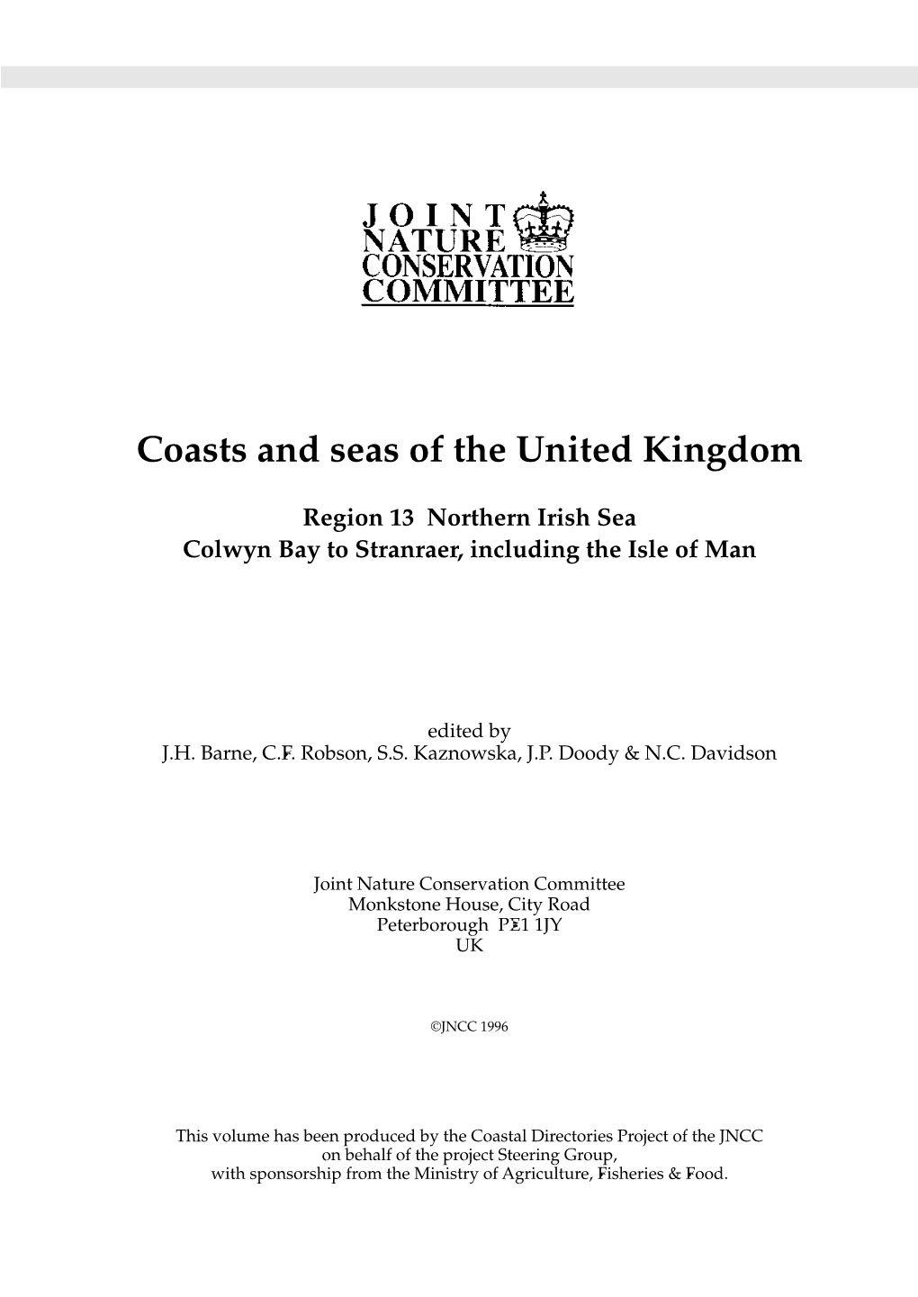 Region 13. Northern Irish Sea: Colwyn Bay to Stranraer Including the Isle of Man 1996 Region 14