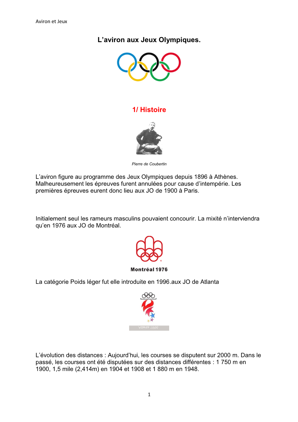 L'aviron Aux Jeux Olympiques. 1