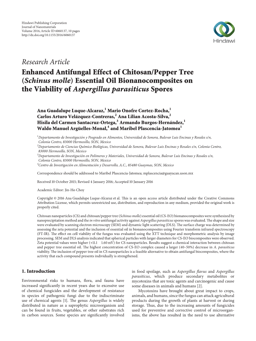 (Schinus Molle) Essential Oil Bionanocomposites on the Viability of Aspergillus Parasiticus Spores