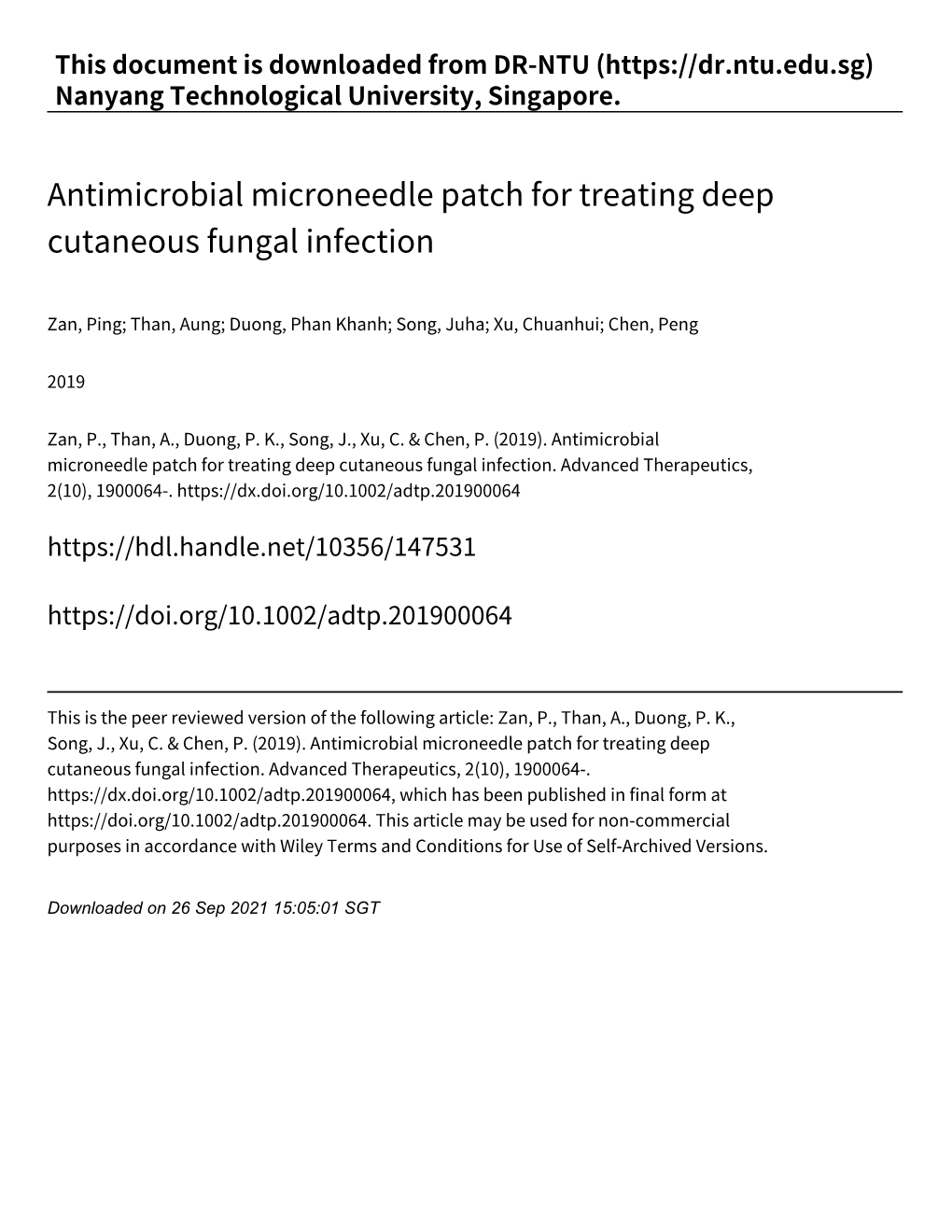 Antimicrobial Microneedle Patch for Treating Deep Cutaneous Fungal Infection