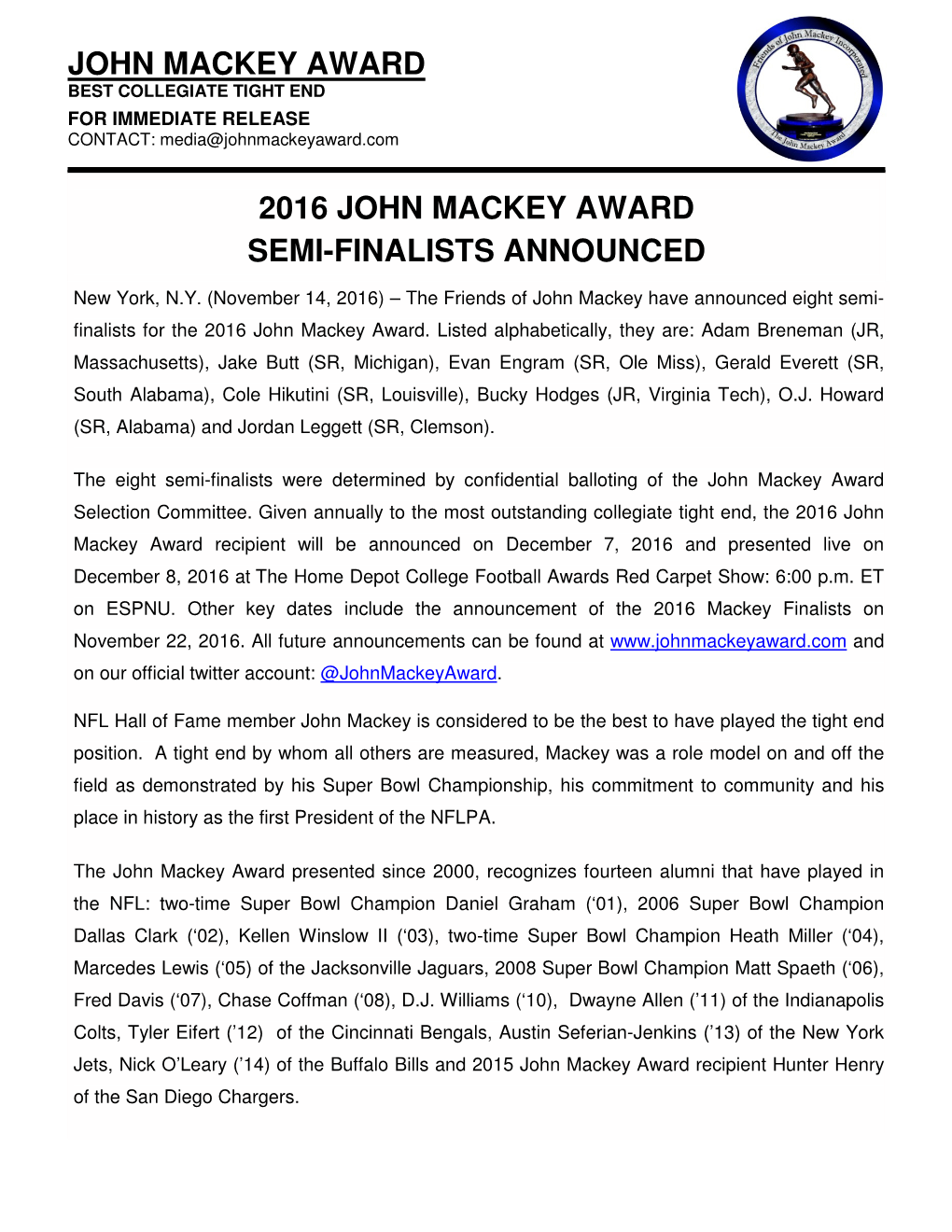 2016 John Mackey Award Semi-Finalists Announced