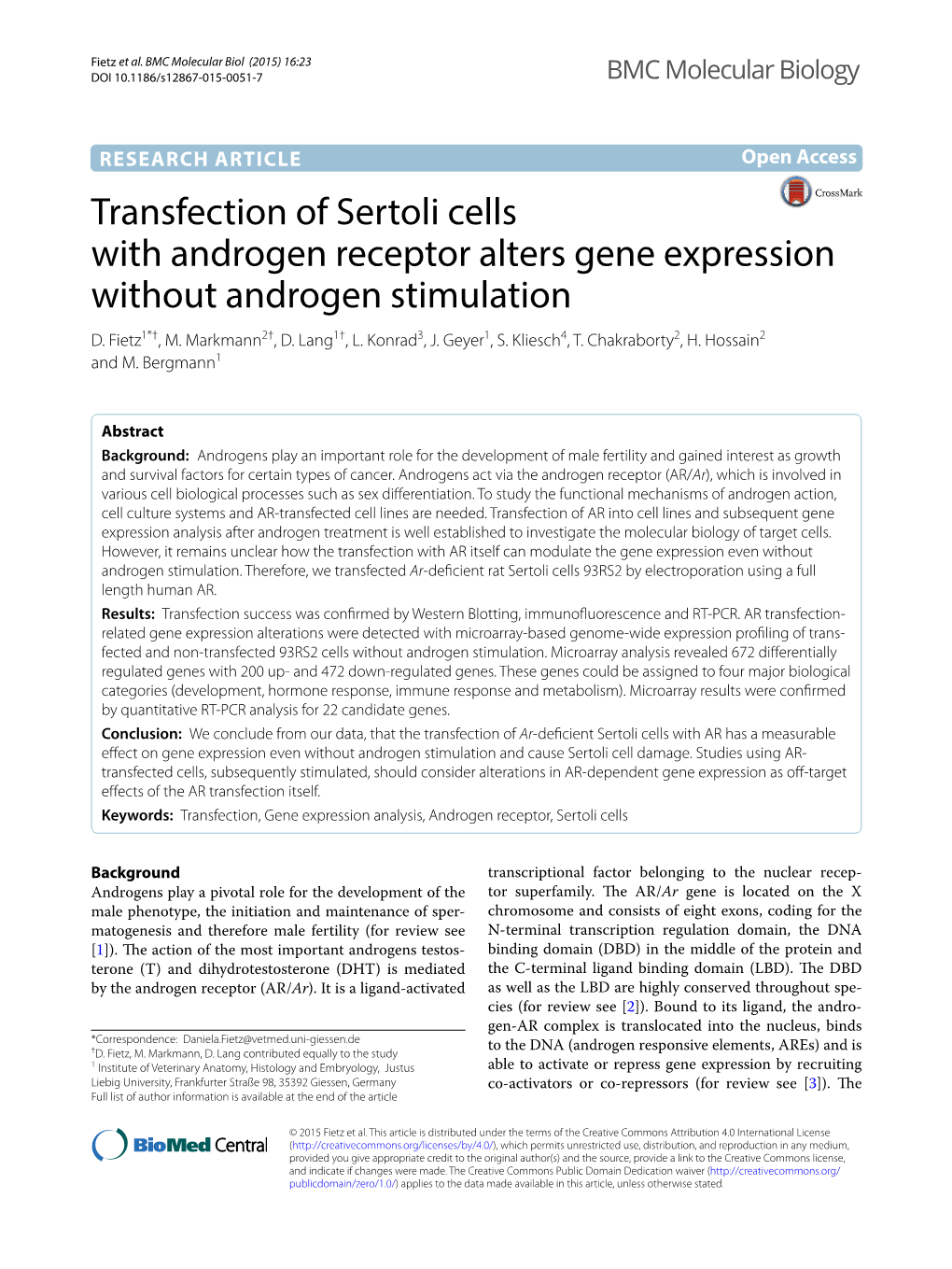 Transfection of Sertoli Cells with Androgen Receptor Alters Gene Expression Without Androgen Stimulation D