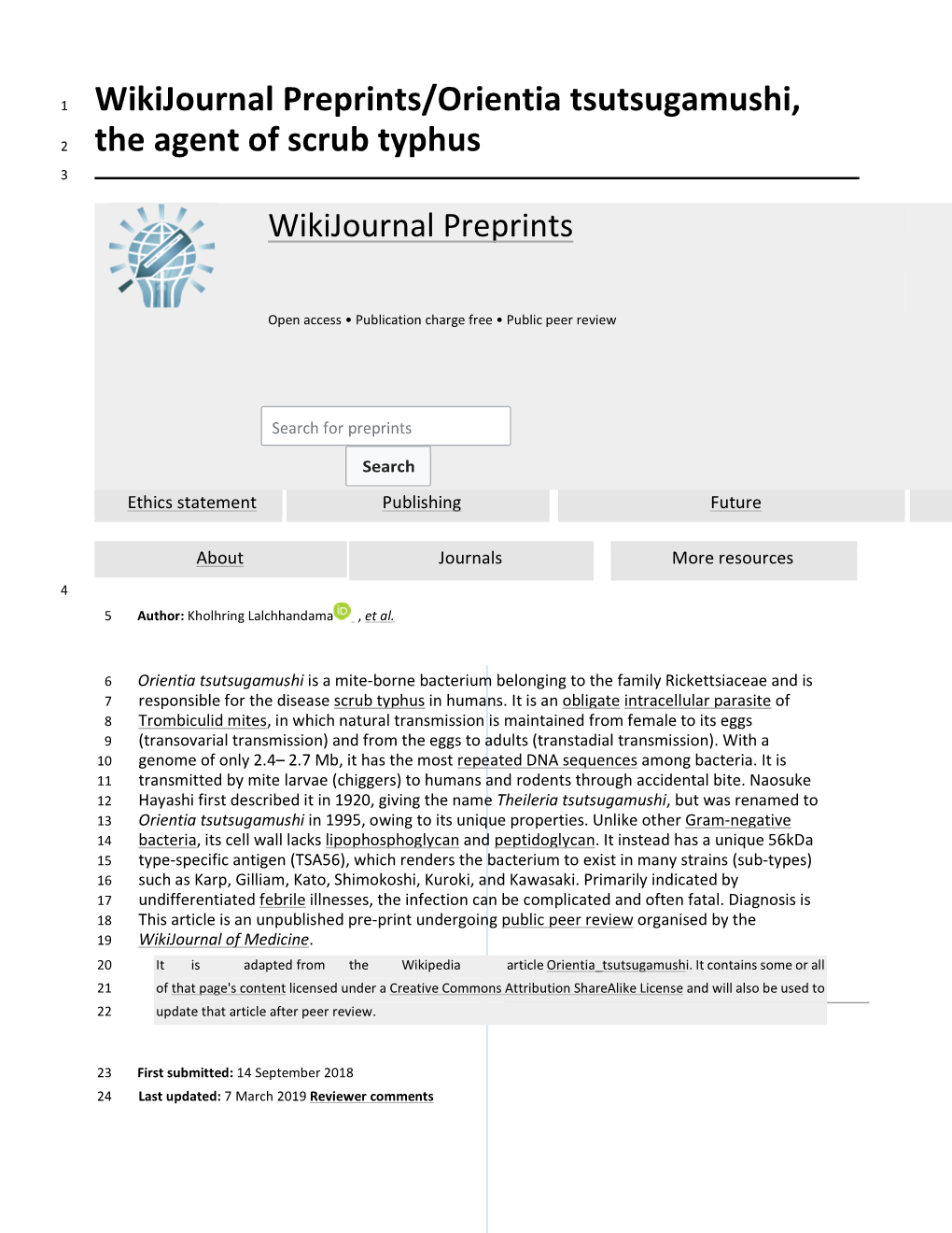 Wikijournal Preprints/Orientia Tsutsugamushi, the Agent of Scrub