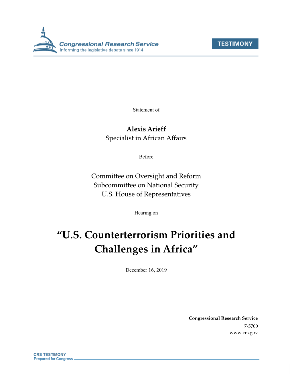 “U.S. Counterterrorism Priorities and Challenges in Africa”