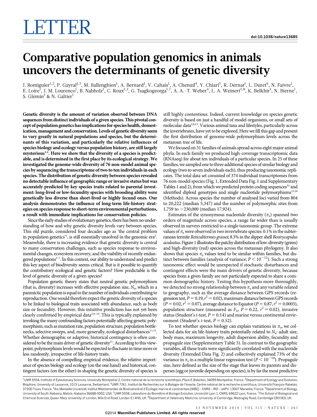 Comparative Population Genomics in Animals Uncovers the Determinants of Genetic Diversity