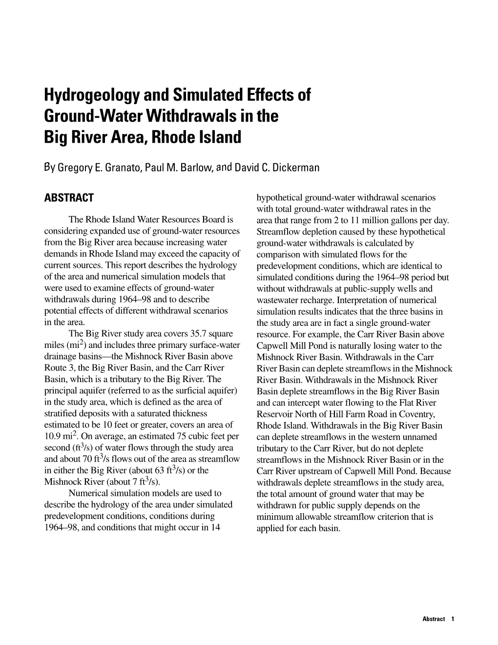 Hydrogeology and Simulated Effects of Ground-Water Withdrawals in the Big River Area, Rhode Island
