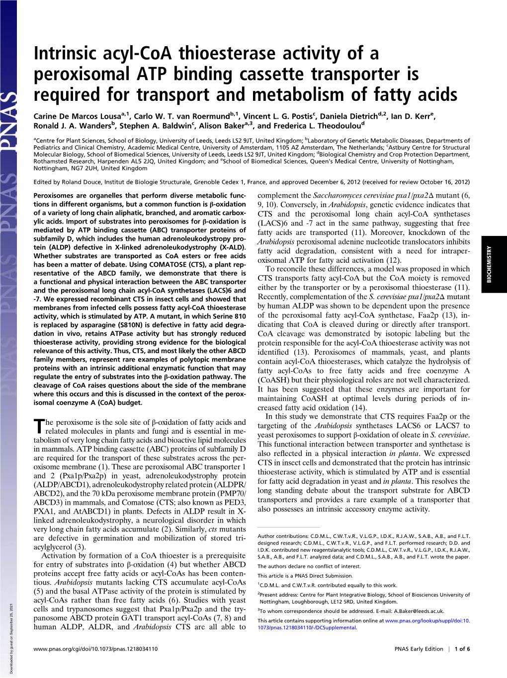 Intrinsic Acyl-Coa Thioesterase Activity of a Peroxisomal ATP Binding Cassette Transporter Is Required for Transport and Metabolism of Fatty Acids