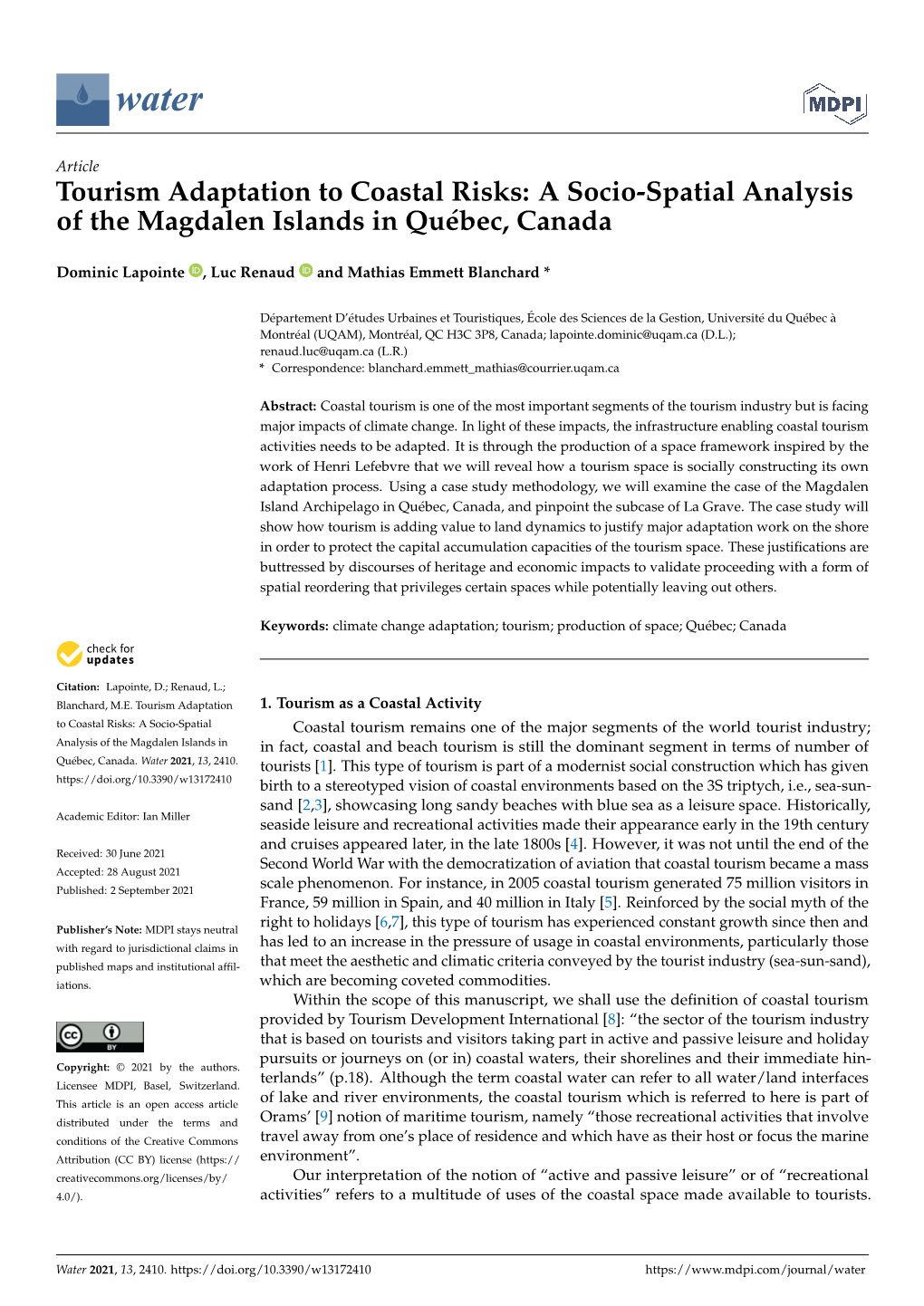 Tourism Adaptation to Coastal Risks: a Socio-Spatial Analysis of the Magdalen Islands in Québec, Canada