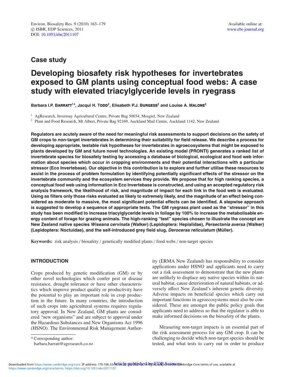 Developing Biosafety Risk Hypotheses for Invertebrates Exposed to GM Plants Using Conceptual Food Webs: a Case Study with Elevated Triacylglyceride Levels in Ryegrass