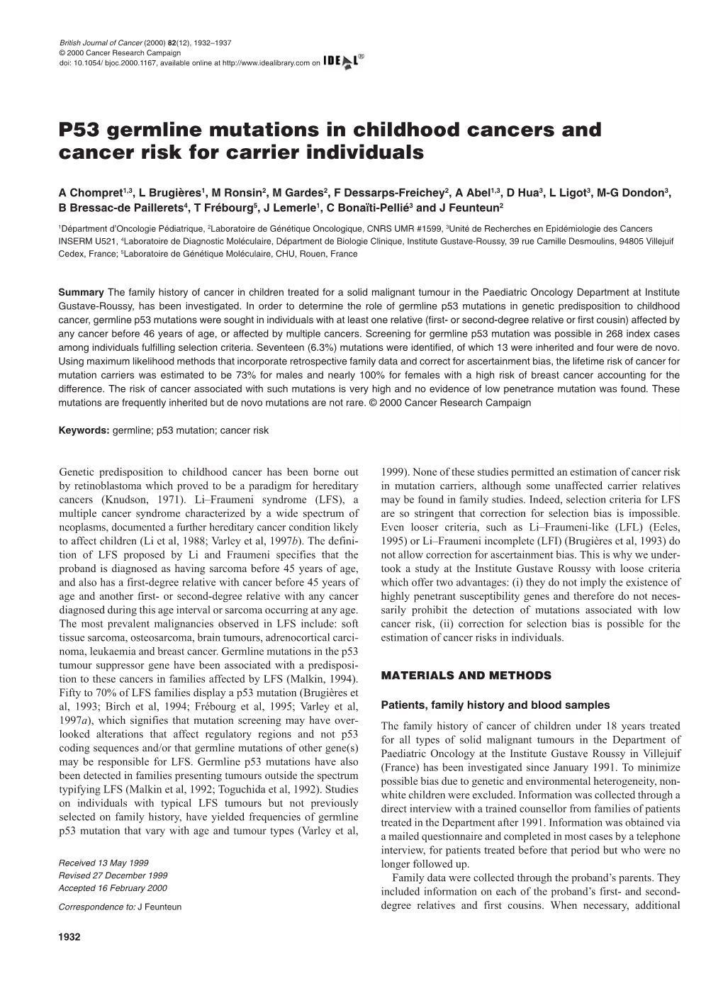 P53 Germline Mutations in Childhood Cancers and Cancer Risk for Carrier