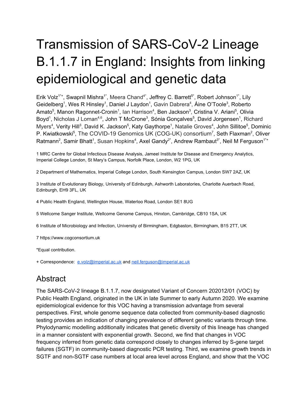 Transmission of SARS-Cov-2 Lineage B.1.1.7 in England: Insights from Linking Epidemiological and Genetic Data