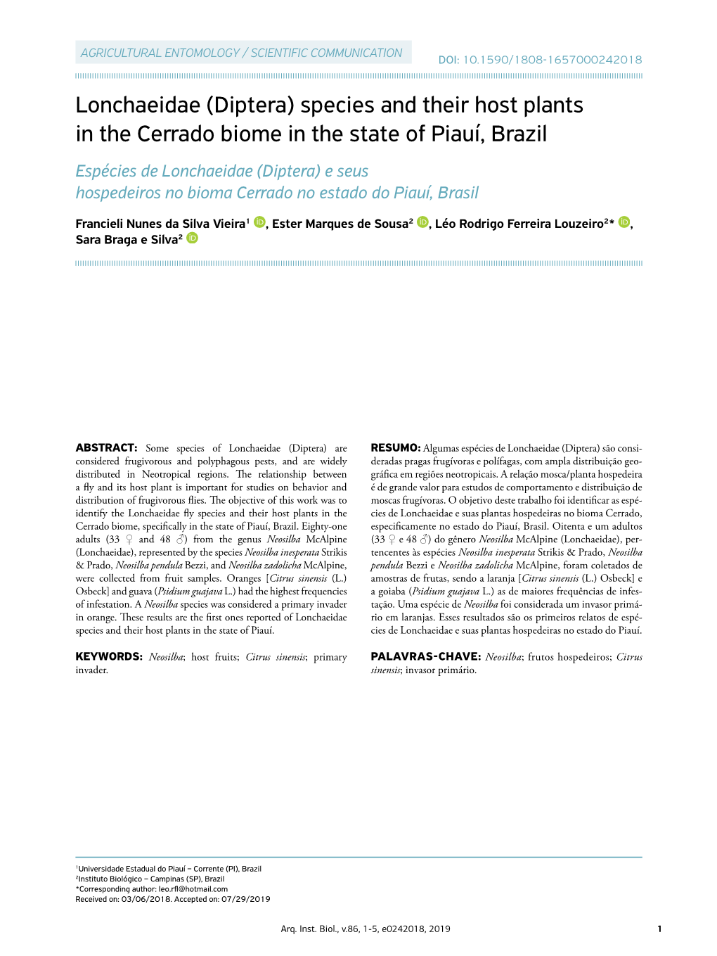 (Diptera) Species and Their Host Plants in the Cerrado Biome in the State Of