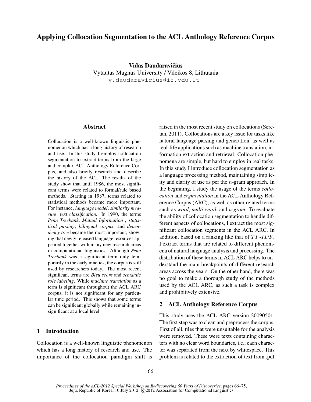 Applying Collocation Segmentation to the ACL Anthology Reference Corpus