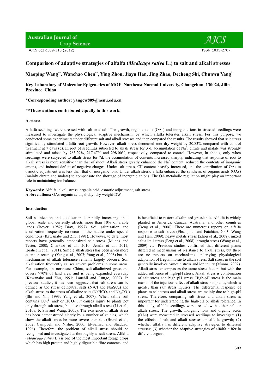 Comparison of Adaptive Strategies of Alfalfa (Medicago Sativa L.) to Salt and Alkali Stresses