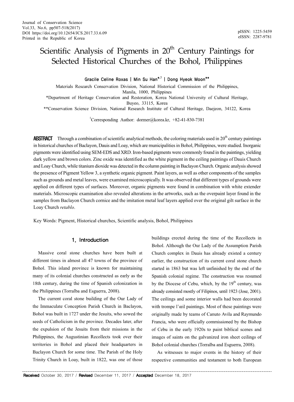 Scientific Analysis of Pigments in 20 Century Paintings for Selected Historical Churches of the Bohol