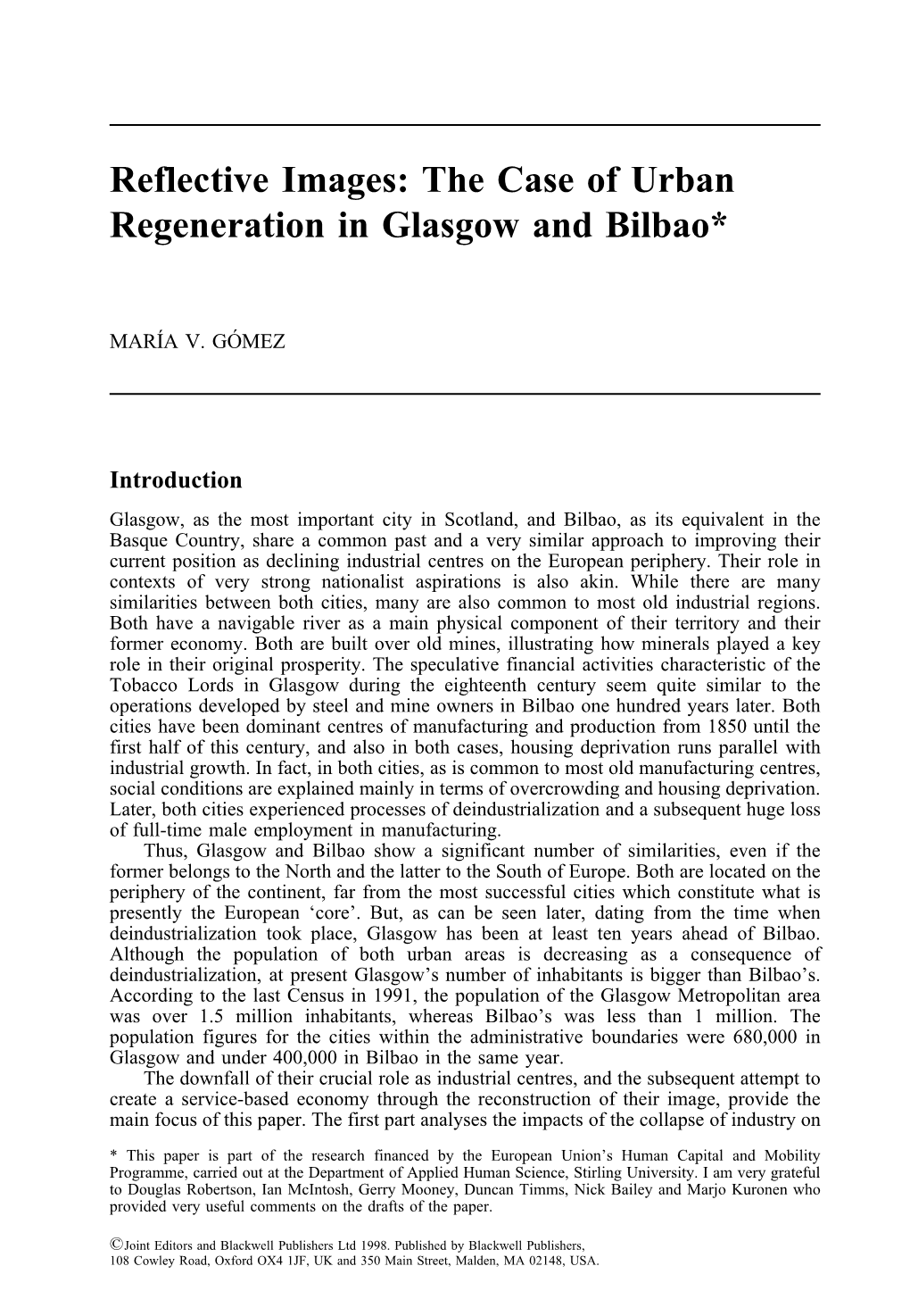 Reflective Images: the Case of Urban Regeneration in Glasgow and Bilbao*