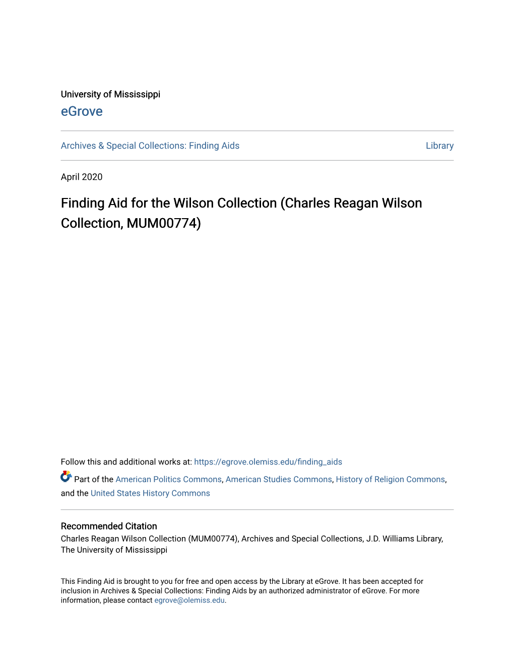 Finding Aid for the Wilson Collection (Charles Reagan Wilson Collection, MUM00774)