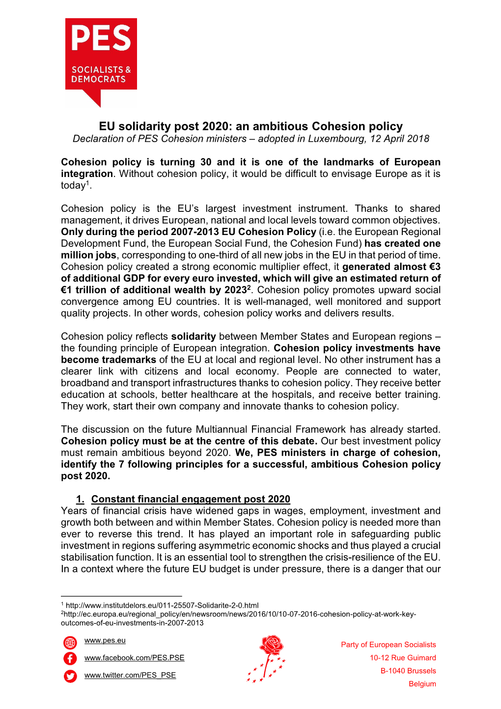 An Ambitious Cohesion Policy Declaration of PES Cohesion Ministers – Adopted in Luxembourg, 12 April 2018