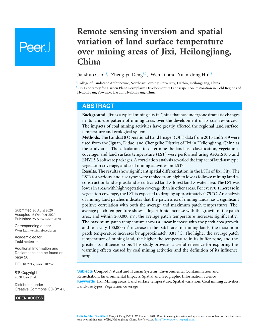 Remote Sensing Inversion and Spatial Variation of Land Surface Temperature Over Mining Areas of Jixi, Heilongjiang, China