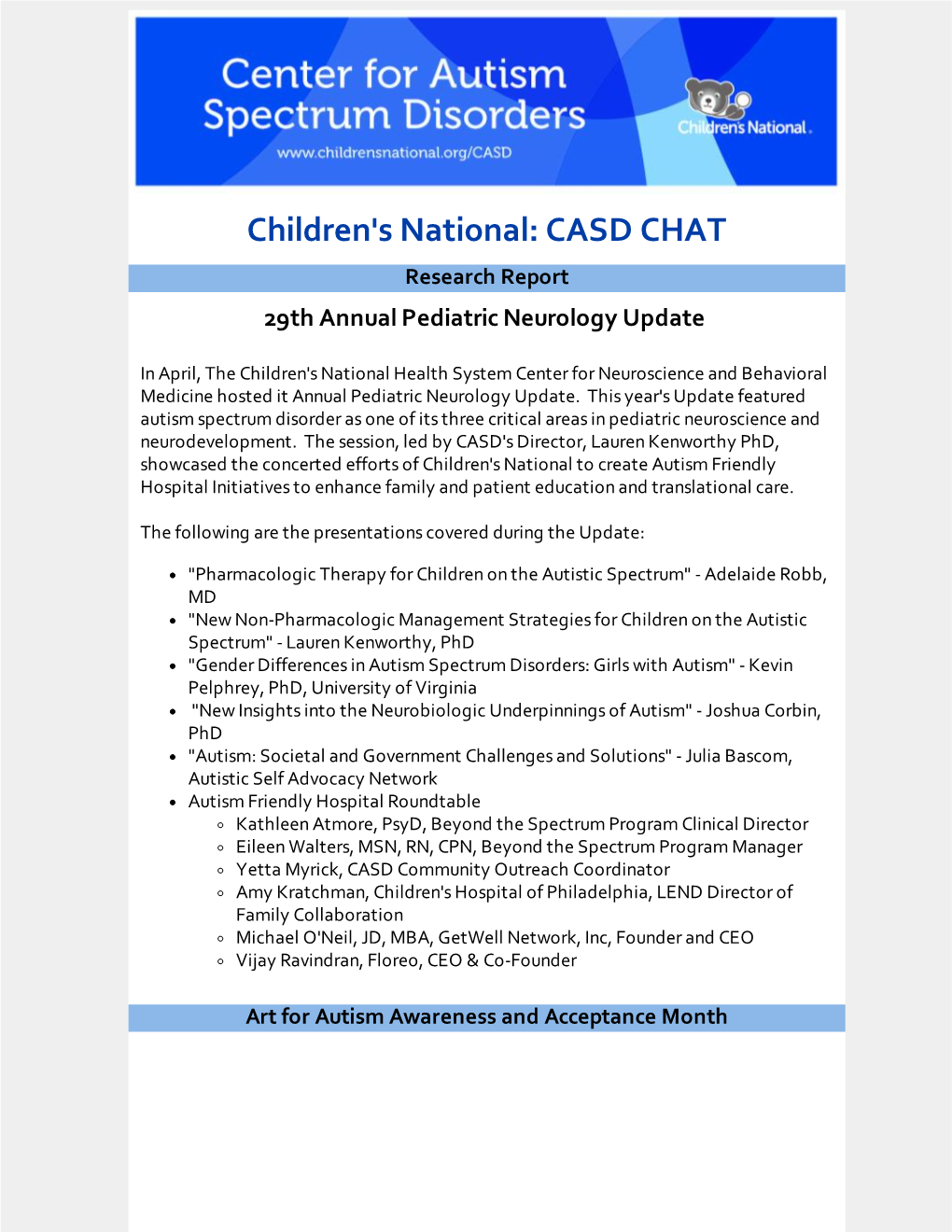 CASD CHAT Research Report 29Th Annual Pediatric Neurology Update