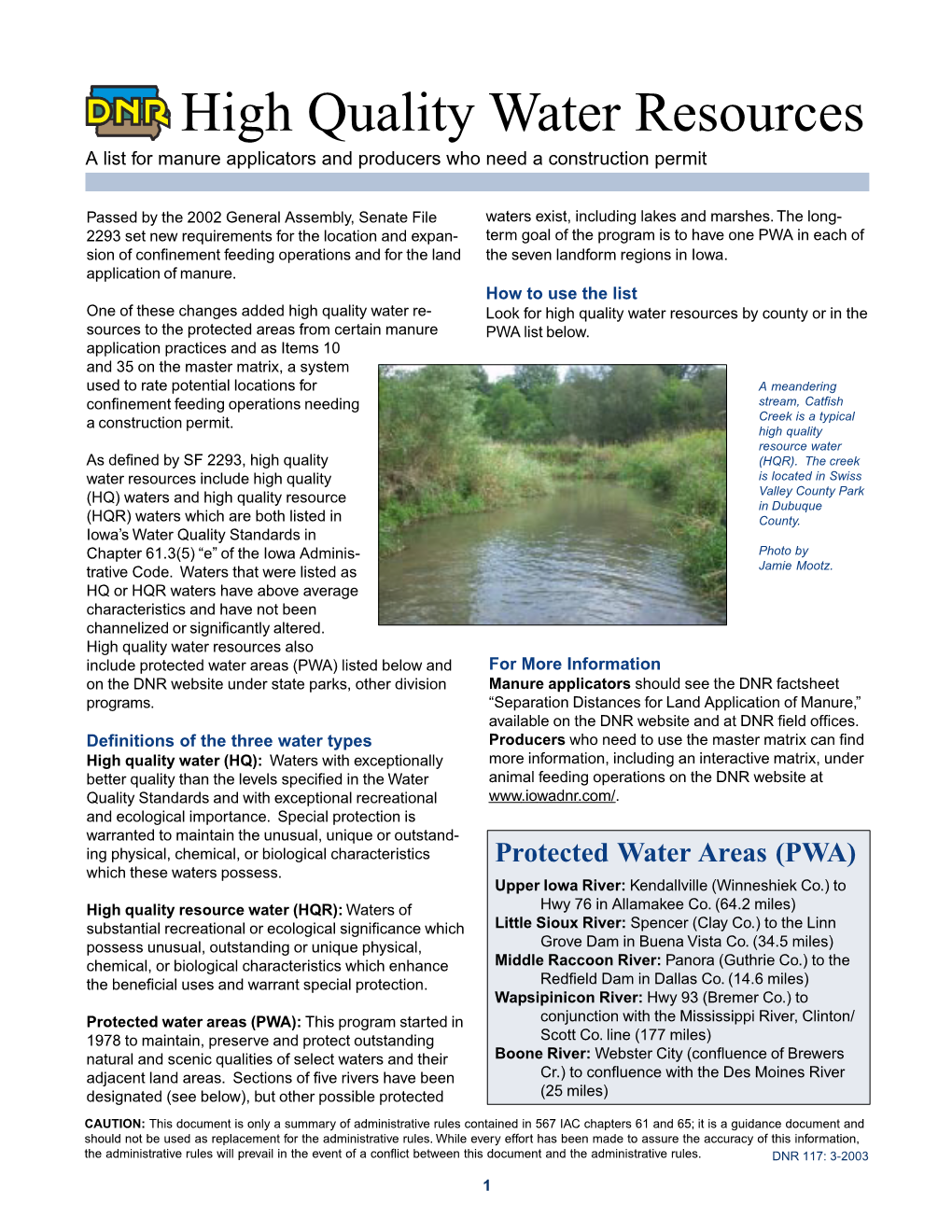 High Quality Water Resources a List for Manure Applicators and Producers Who Need a Construction Permit