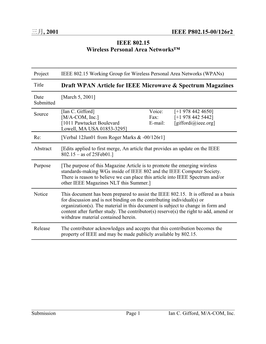 Draft WPAN Article for IEEE Microwave & Spectrum Magazines