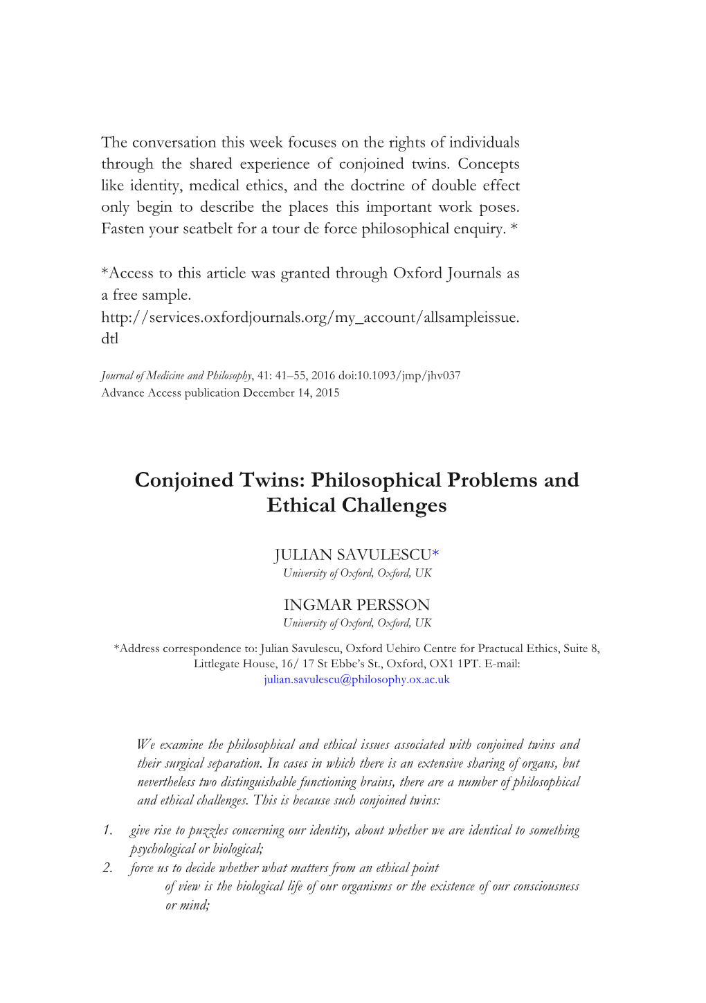 Conjoined Twins Philosophical Problems and Ethical Challanges