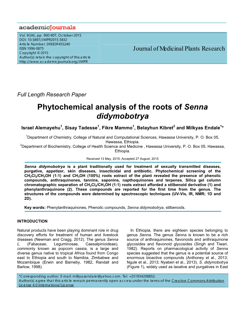 Phytochemical Analysis of the Roots of Senna Didymobotrya